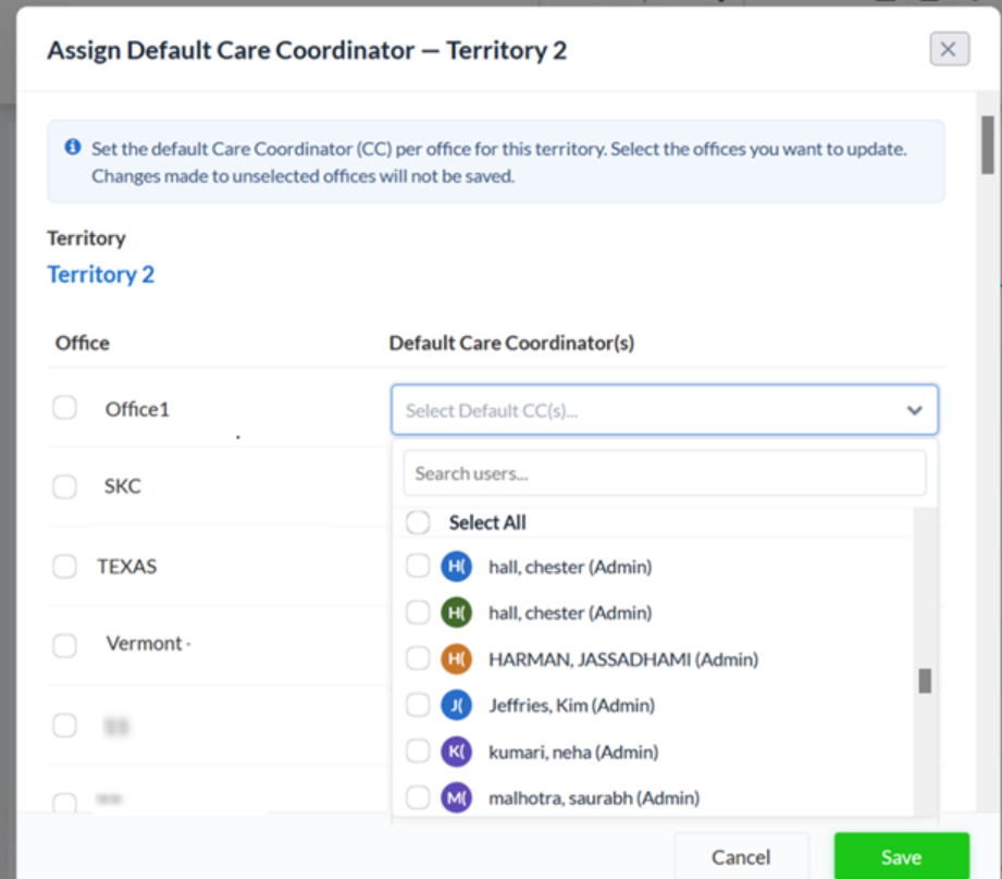 Assign multiple default Care Coordinators to a territory and office