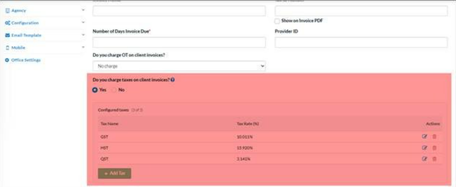 Office tax settings updated to configure multiple taxes in the Agency Portal