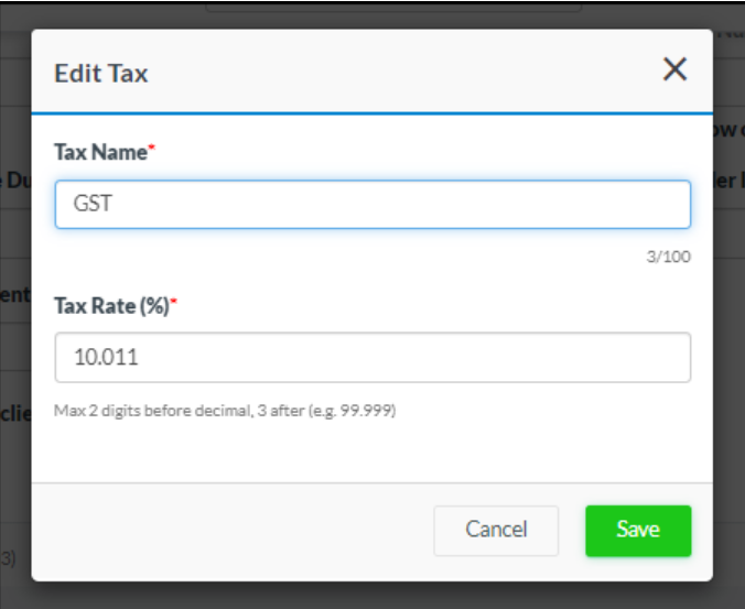 Tax configuration updated to set custom tax names and rates in the Agency Portal