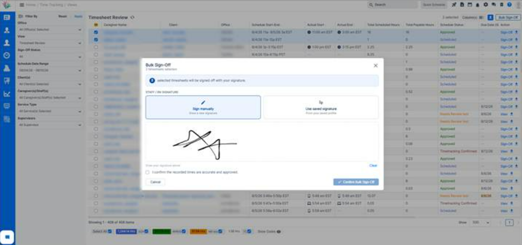 New bulk caregiver timesheet sign-off feature in the Time Tracking module